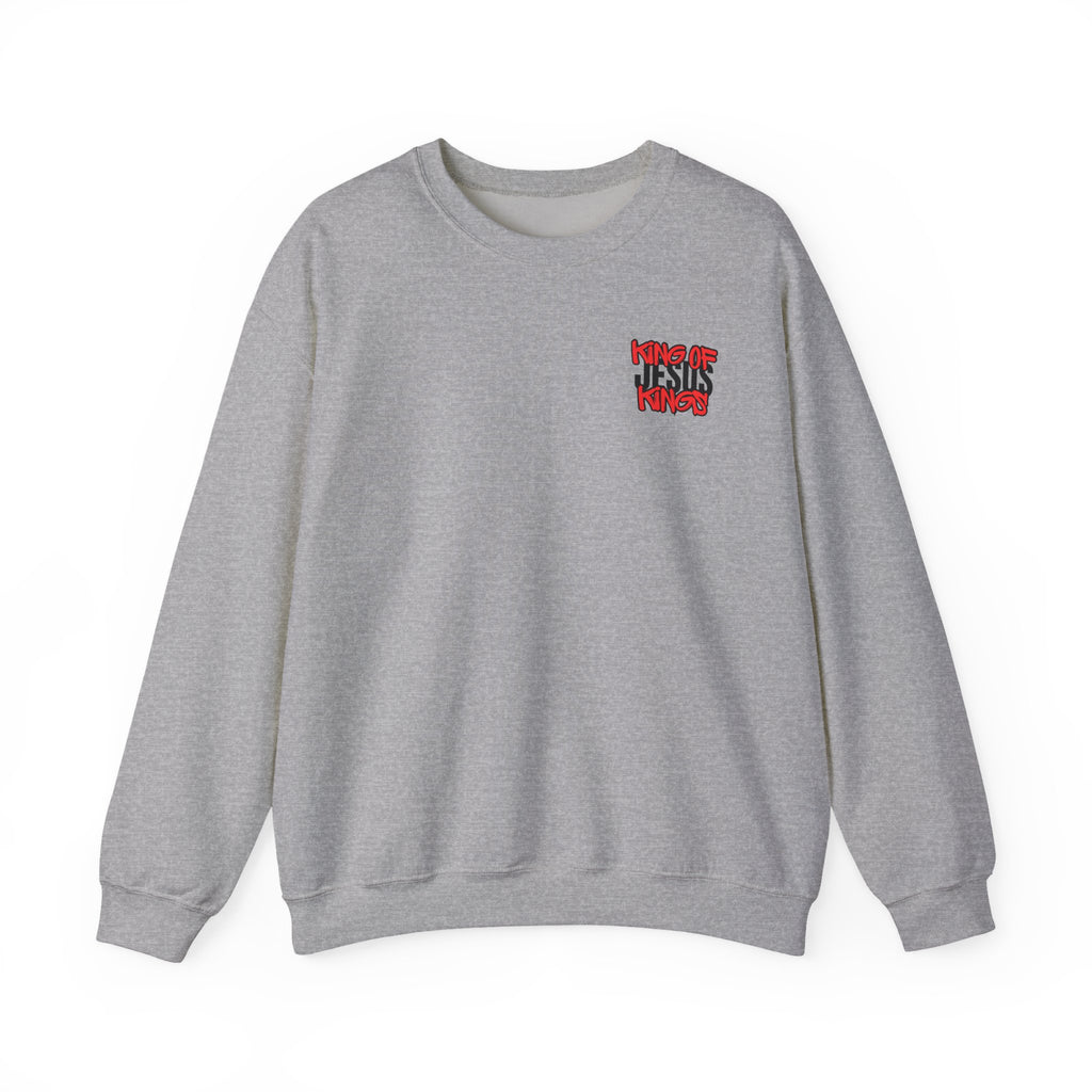 Light gray crewneck sweater with small chest graphic text in red