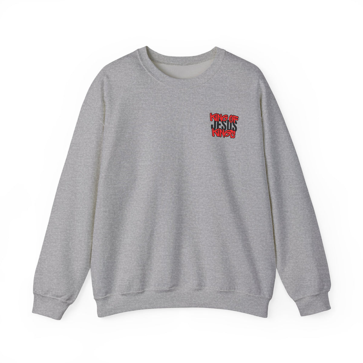 Light gray crewneck sweater with small chest graphic text in red