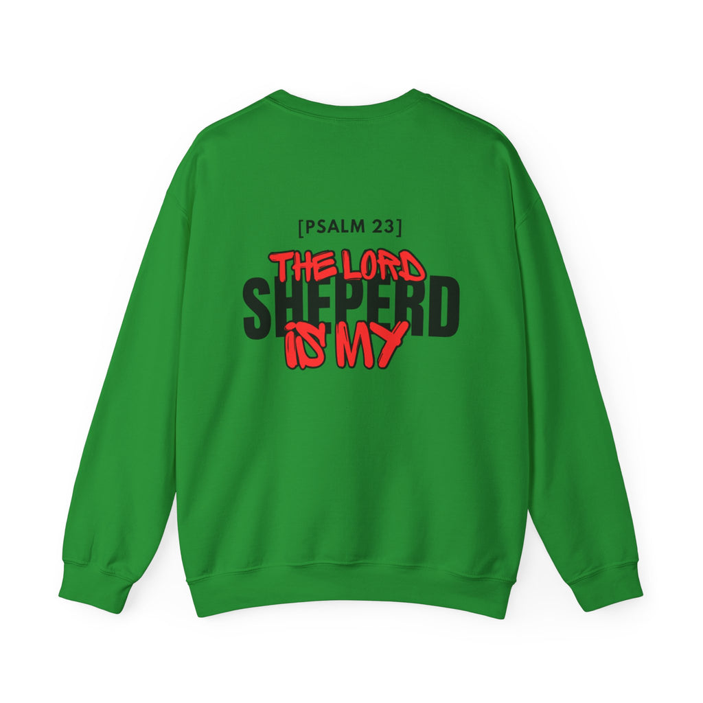 Green crewneck sweater with Psalm 23 text and red/black front graphic