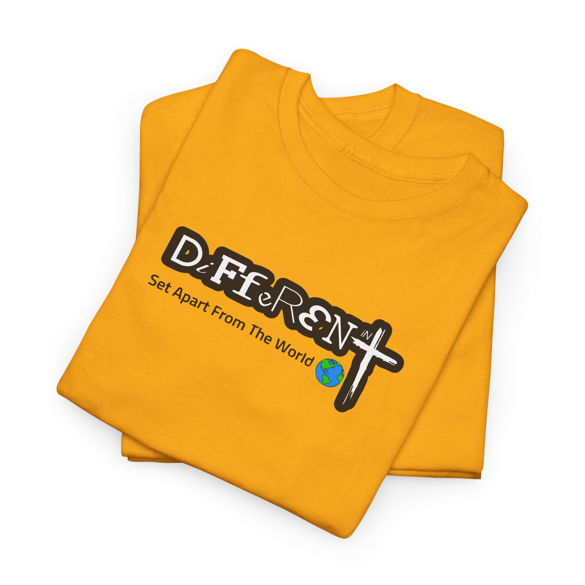 Gold yellow crewneck T-shirt, folded look, with front typographic logo graphic
