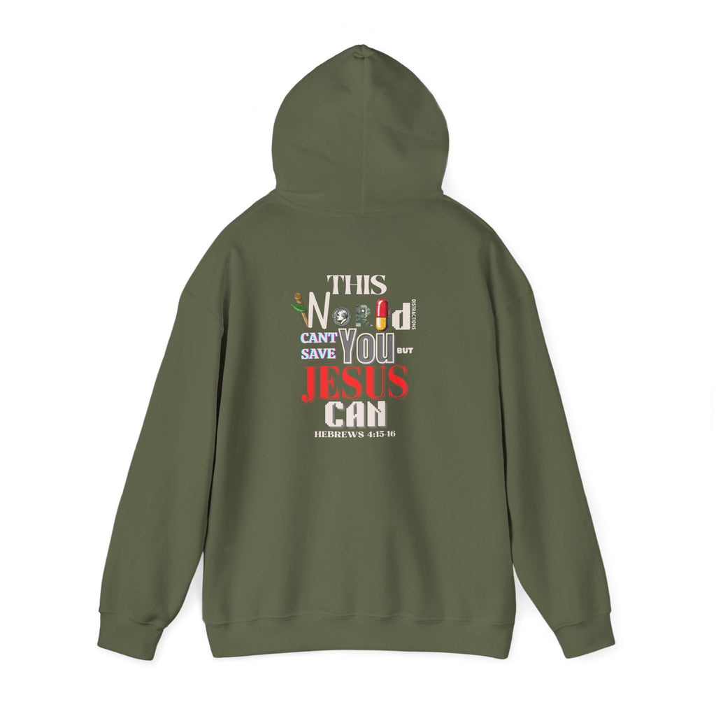 Olive green pullover hoodie with hood and large center back print
