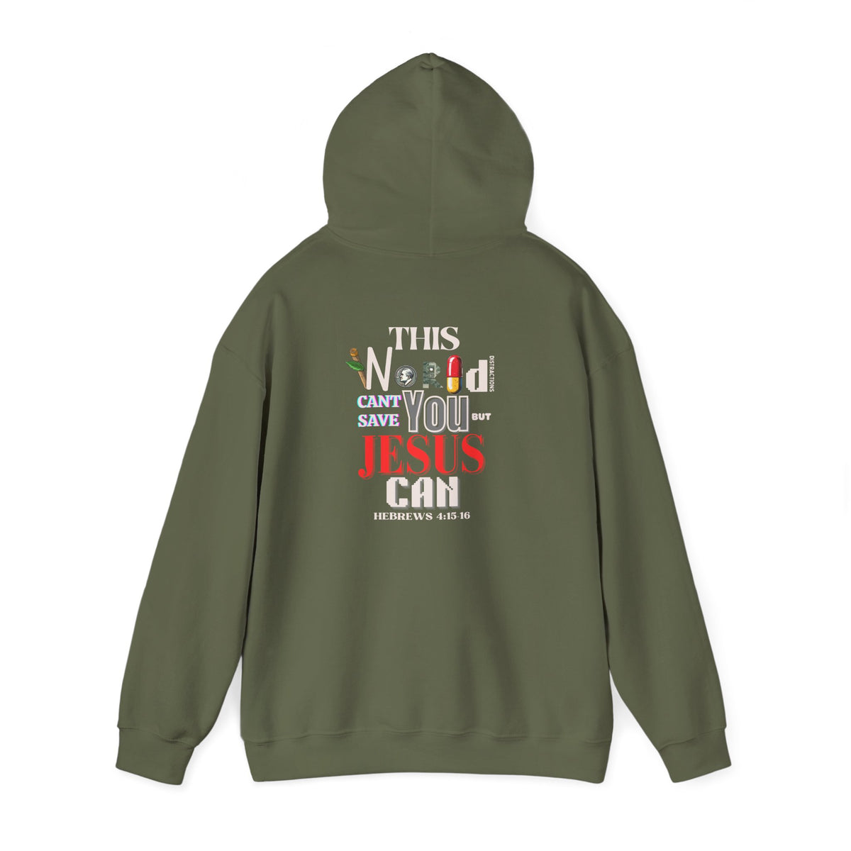 Olive green pullover hoodie with hood and large center back print