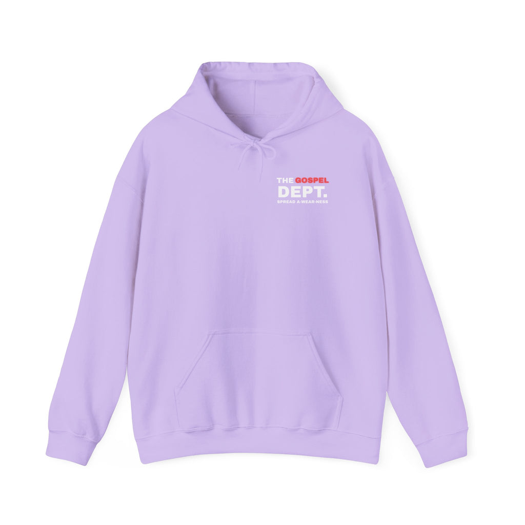 Lavender pullover hoodie with front pocket and small chest logo
