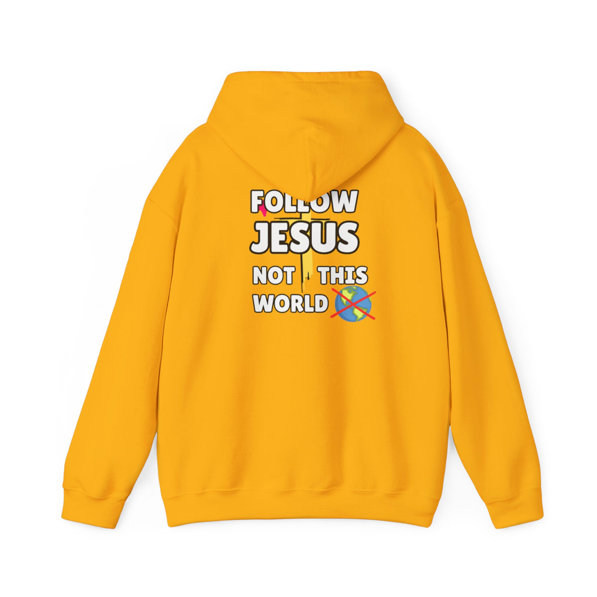 Orange hoodie with hood and Follow Jesus Not This World graphic