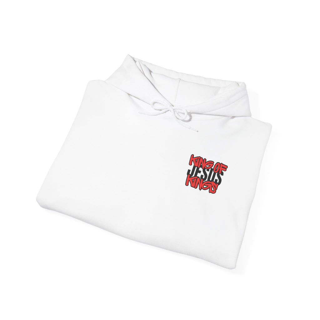 White hoodie with drawstring hood, kangaroo pocket, and small red-and-black text graphic