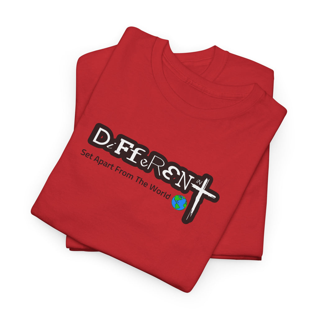 Red T-shirt with DiFfeR3Nt front graphic and globe icon
