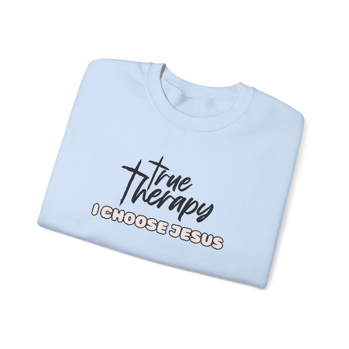 Light blue crewneck sweater with front logo text graphic